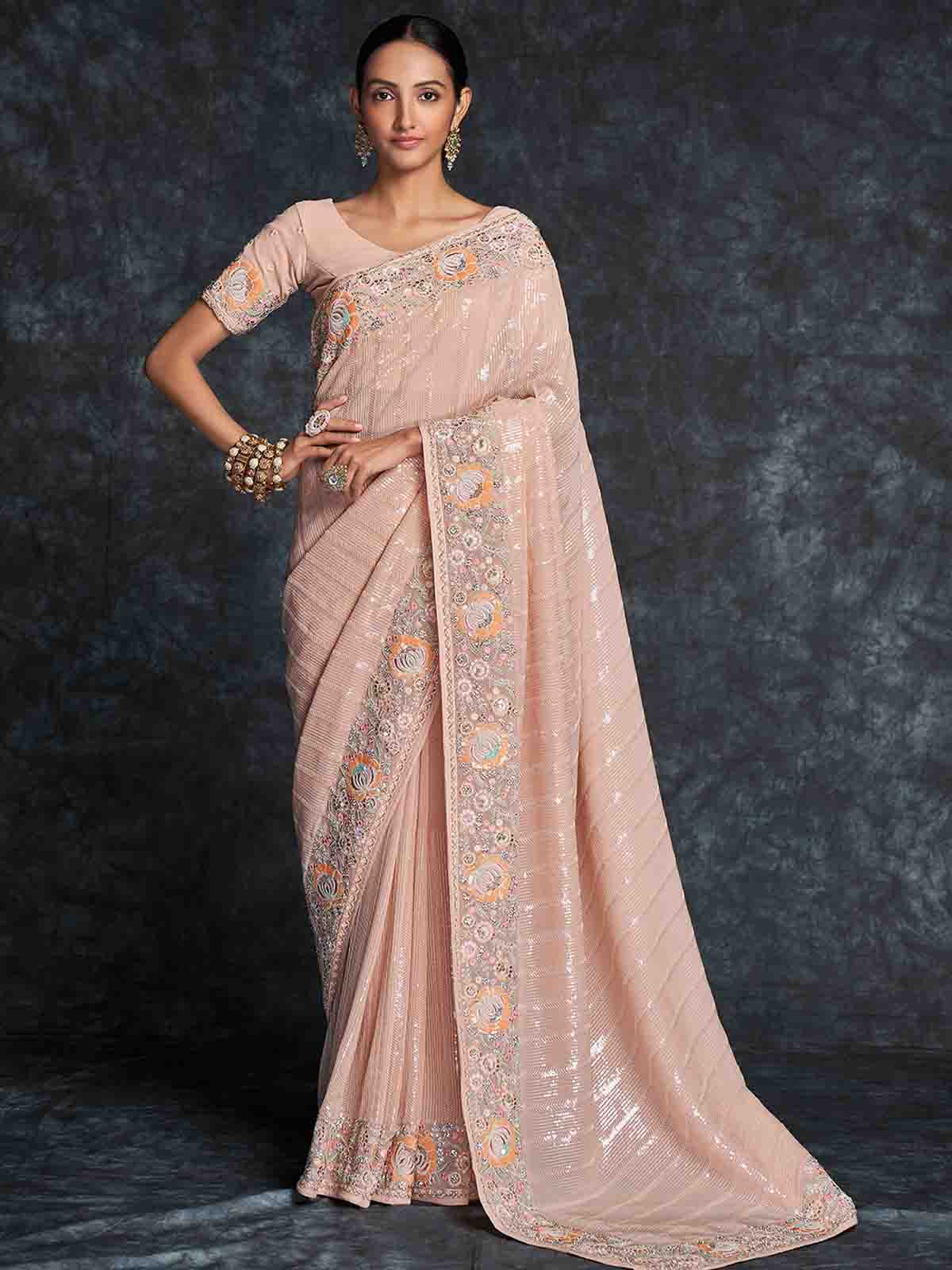 Buy Peach Net Embellished Bead Boat And Sequin Saree Gown For Women by  Mandira Wirk Online at Aza Fashions.